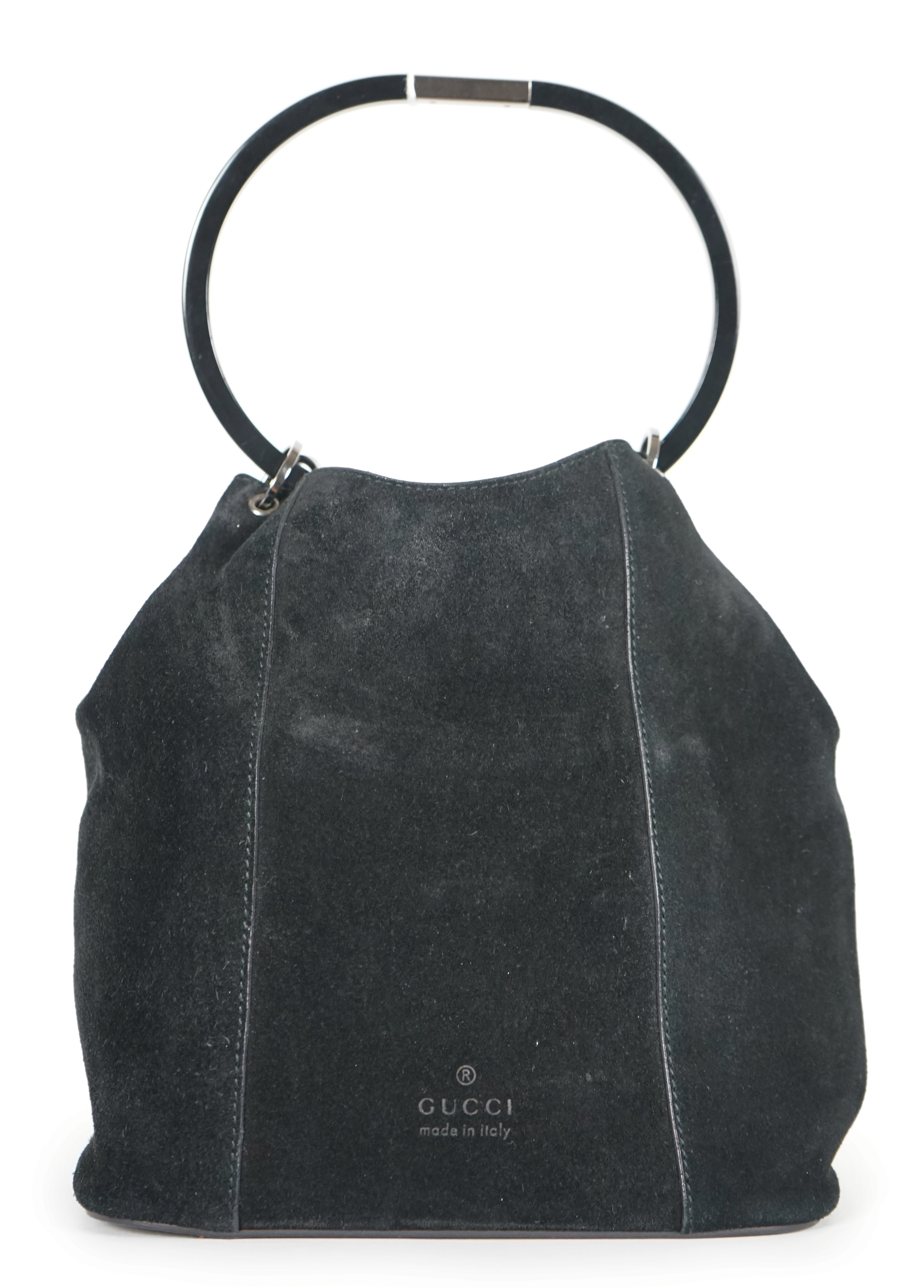 A vintage Gucci black Tom Ford era suede handbag, with dust bag, width 21cm, height overall 35cm, depth 11cm, Please note this lot attracts an additional import tax of 20% on the hammer price